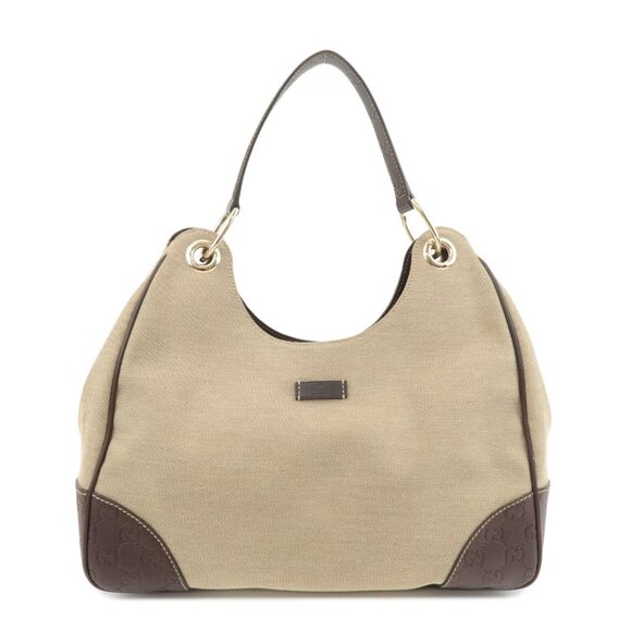 Authentic GUCCI Canvas Leather Shoulder Bag Beige Brown